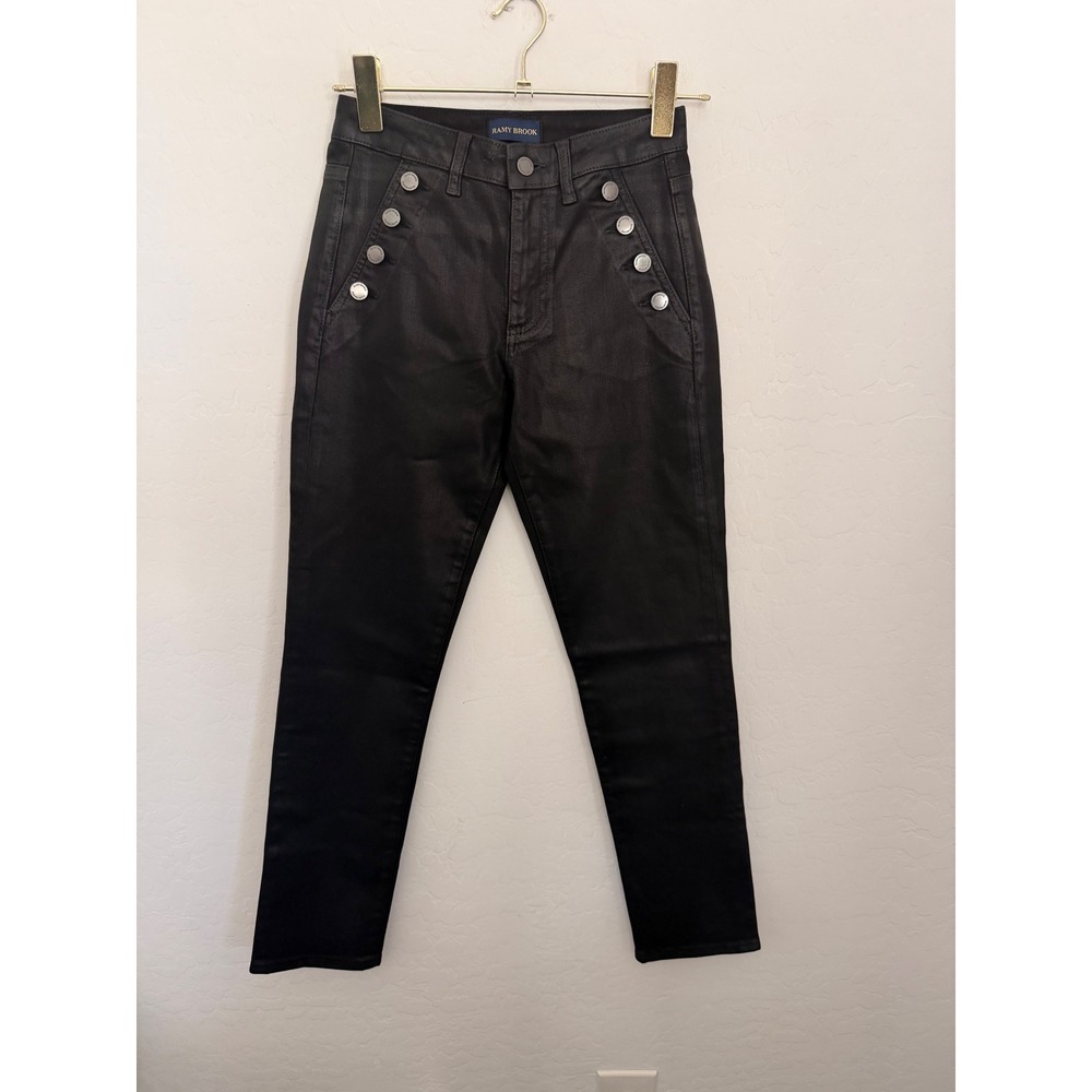 Ramy Brook Helena Black Coated High Rise Sailor Jeans Size 24 Silver Buttons
